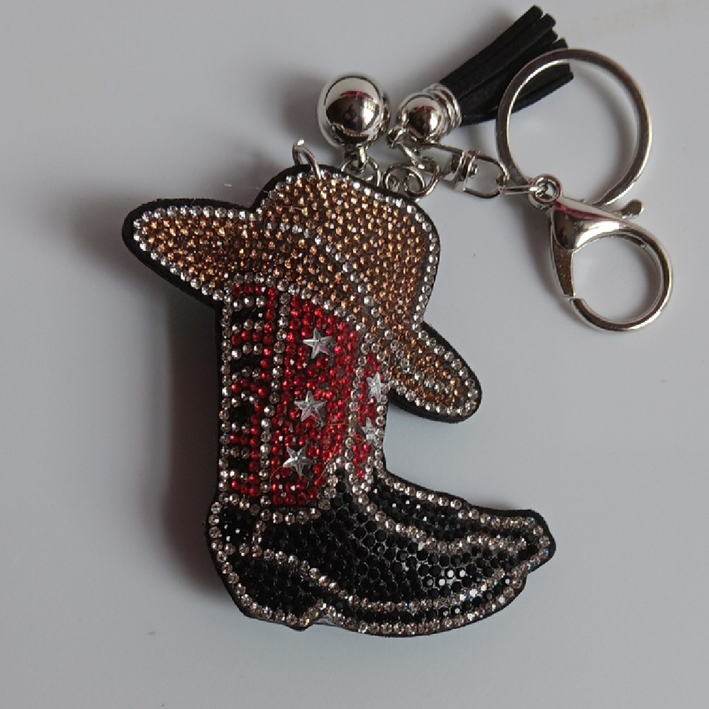 RHINESTONE COWBOY BOOT KEYCHAIN - BLACK, RED, BROWN